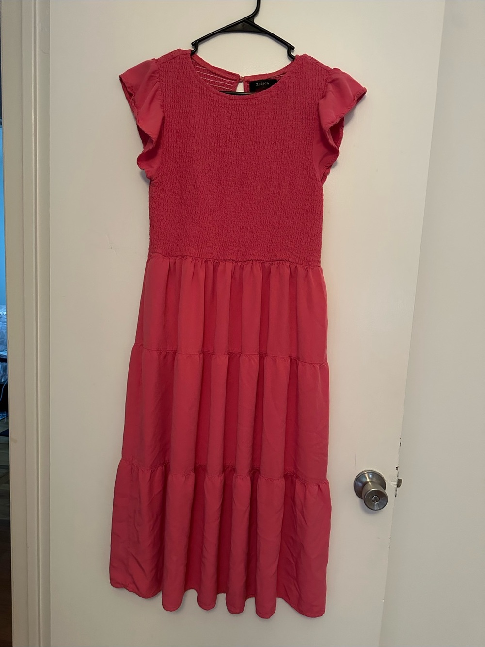 Smocked Pink Tiered Maxi Dress with Flutter Sleeves